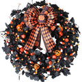 Halloween Wreath with Black Eucalyptus & Pumpkins - 22 Inch Decor with Bow - Indoor Outdoor Holiday Celebration - Variation of Halloween Wreath