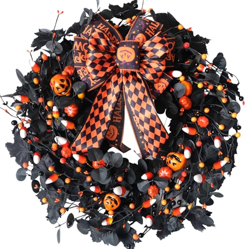 Halloween Wreath with Black Eucalyptus & Pumpkins - 22 Inch Decor with Bow - Indoor Outdoor Holiday Celebration - Variation of Halloween Wreath