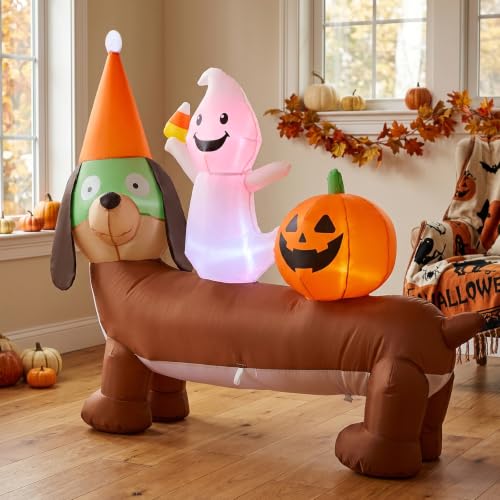 5FT Halloween Inflatable Dachshund and Ghost Yard Decoration - Waterproof & Easy Setup