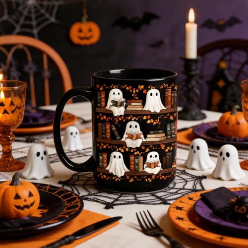 15oz Halloween Ghost Reading Coffee Mug, Bookshelf Tea Cup - Black