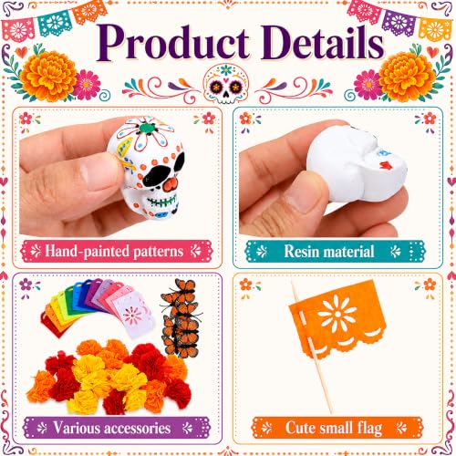 52 Pcs Day of the Dead Skull Miniature Set - Dia De Los Muertos Decor with Flowers & Flags