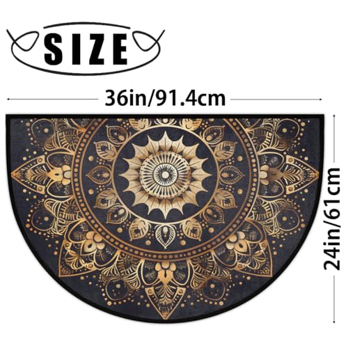Half Moon Door Mat Mandala Boho Bohemian Black Non Slip Washable 36x24in - A3