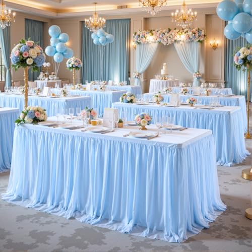 Baby Blue 6ft Rectangle Tablecloth with Ruffle Skirt - 2 Pack, Spandex & Tulle