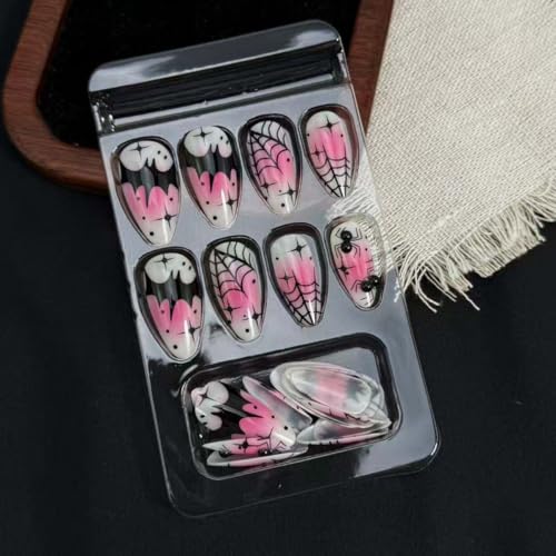 Halloween Press On Nails Set 24pcs Medium Almond Bat Spiderweb Style Nails with Glue & Stickers - Style Nails 14