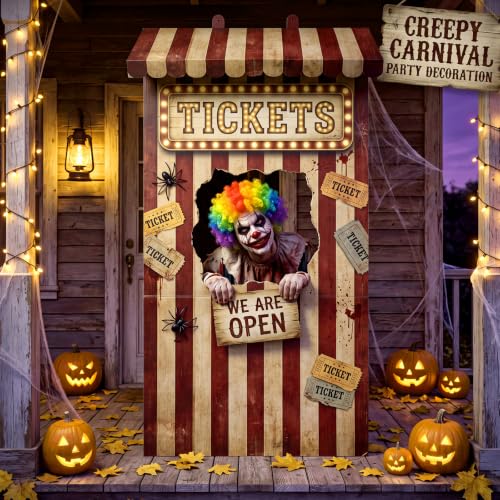 Halloween Awning Decoration - Creepy Circus Theme, Red & White Striped, 4 Pack