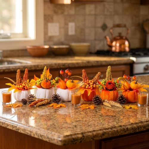 Velvet Fall Pumpkin Decor Set - 6 Artificial Mini Pumpkins for Halloween Thanksgiving