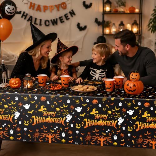 Halloween Party Tablecloths 3 Pack - Spooky Pumpkin Ghost Bat Skeleton Design - Black, White, Yellow
