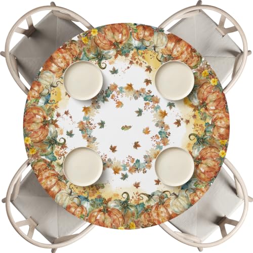 Fall Fitted Round Tablecloth 45-56 Inch with Pumpkin Leaves Orange - 56" Variation