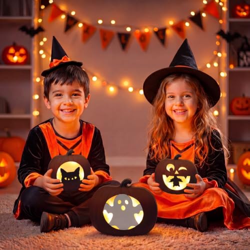 Halloween Lighted Pumpkin Table Decor Set with Ghost Cat Bat - Pinkunn