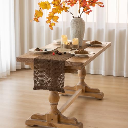 Boho Macrame Table Runner 13x48 Inch - Rustic Linen Blend for Thanksgiving & Holiday Decor - Brown / 48 Inch