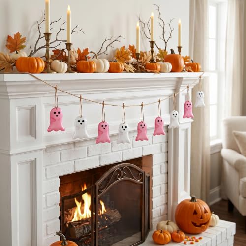 Cute 10 Pack Pink Halloween Ghost Hanging Ornaments - Metal Decor Set