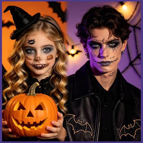Halloween Face Temporary Tattoos Brown 8 Large Sheets & 30 Small Stickers for Kids & Adults