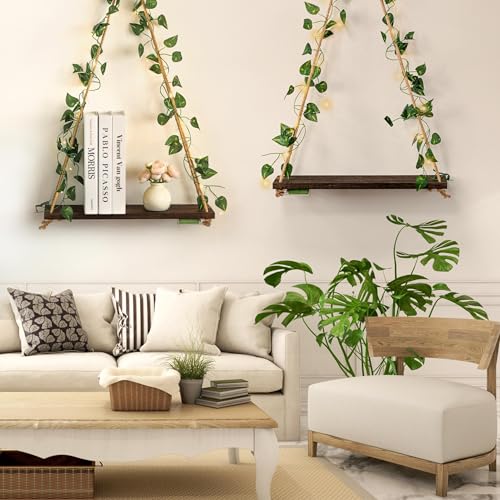 Floating Plant Shelves with Lights - Green Leaf Style, 2-Piece Set