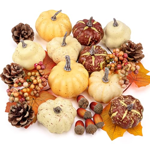 Fake Pumpkin Decor Set - Fall Halloween Thanksgiving Table Decorations with Mini Pumpkins Acorns Pine Cones Berries - Style 1