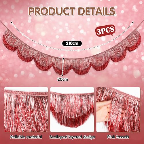 Pink Scalloped Fringe Garland 6.89ft Tassel Banner - 3pcs Party Decor - Pink