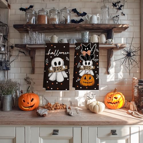 18x26 Inch Microfiber Kitchen Towels Set of 2 - Black Cat Pumpkin Ghost Halloween Design
