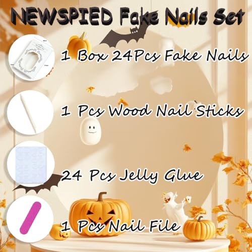 Halloween Press On Nails Long Square Fake Nails with Ghost Spider Design - Variation Ghost Spider Wed-24