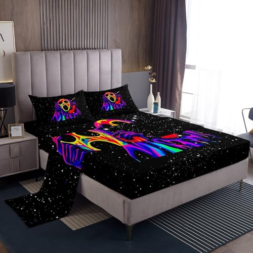 Blacklight Horror Skull Pattern Full Bed Sheets Set - Kids Halloween Bedding with Pillowcases (Variation of Multi 0108)