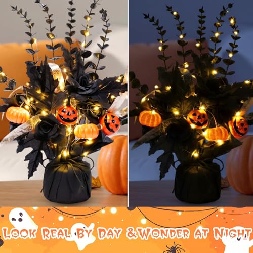 Halloween Centerpiece Set with LED Lights - Black Roses, Pumpkin Flowers, Eucalyptus, 16-Inch Decor
