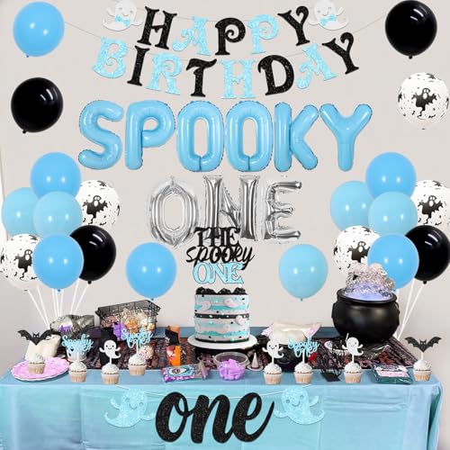Halloween First Birthday Decorations Set for Boys - Banner, Balloons & Cake Toppers