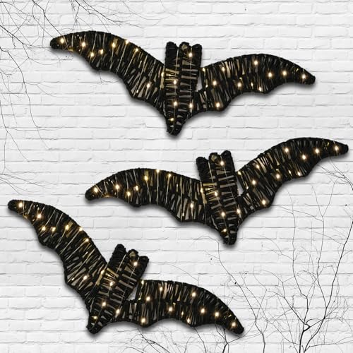 Large 3-Pack Indoor Bat Wall Decor with Lights - Spooky Halloween Decorations