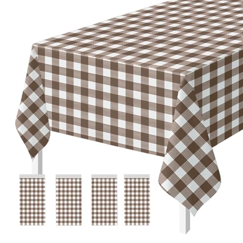 4 Pack Disposable Gingham Tablecloths - Brown & White Checkered 54x108 Inches for Parties