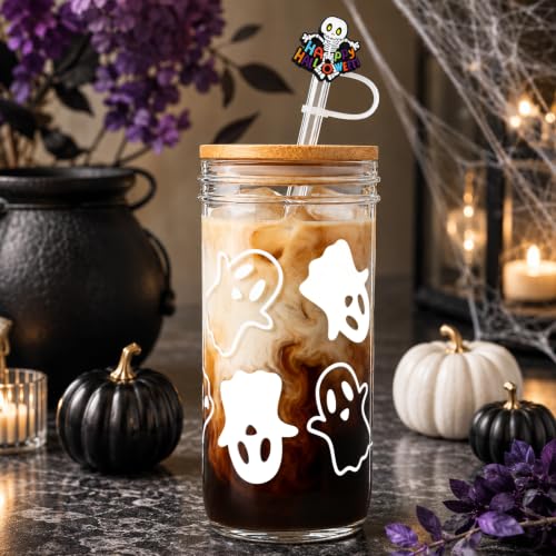White Ghost Halloween Mason Jars – 24 oz Set with Lids & Straws, Spooky Decor for Adults