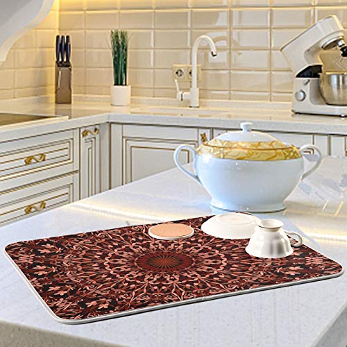 Super Absorbent Microfiber Dish Drying Mat 24x18 Inches - Boho Mandala Maroon Variation