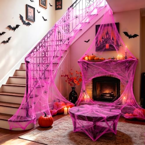 Pink Halloween Spider Web Decorations Kit with 50 Fake Spiders - 1000 Sq Ft Large Cobwebs