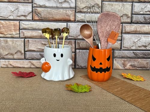 Halloween Ceramic Coffee Spoon & Utensil Holder Ghost with Pumpkin