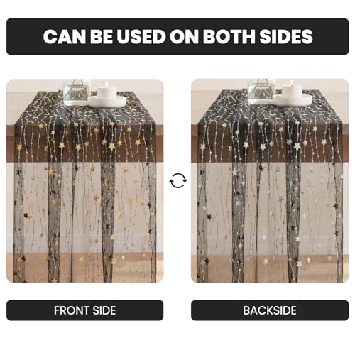 10FT Black Stars Gauze Table Runner with Gold Glitter - Wedding & Party Decor