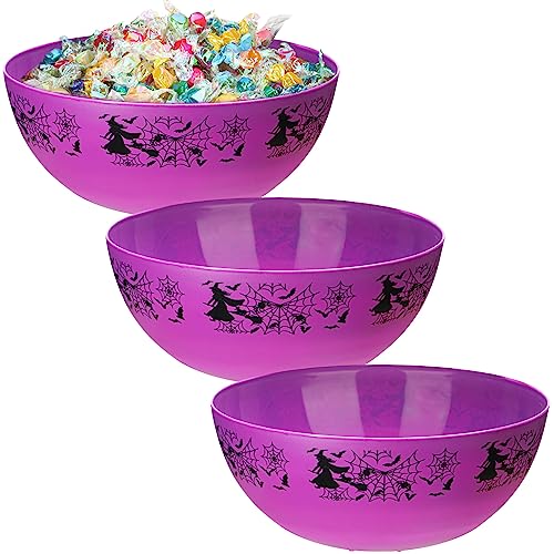 Halloween Candy Bowls Set - Plastic Trick or Treat Serving Bowls, 3 Pieces, Purple Web Design - Web Variation