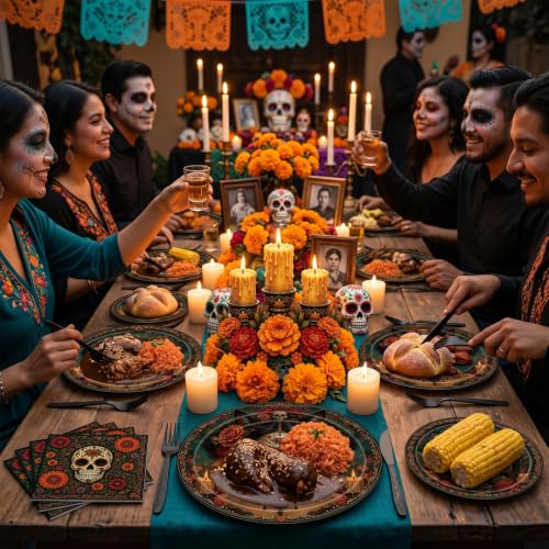 Mexican Fiesta Party Supplies Set for 24 - Skull & Marigold Theme Disposable Dinnerware