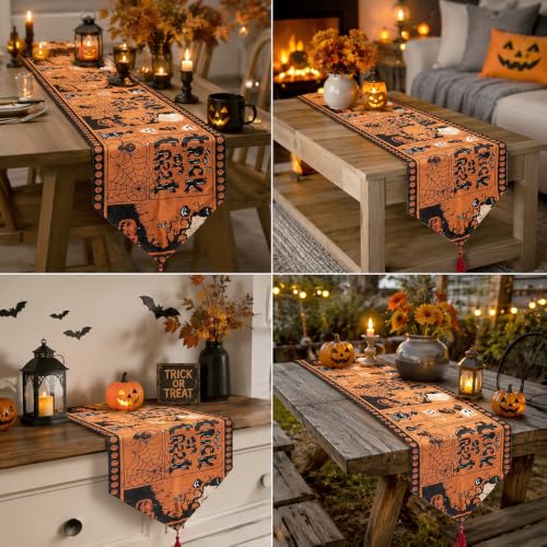 Halloween Table Runner 13 x 72 Inch with Ghost, Pumpkin & Web Design