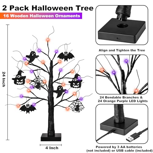 Indoor Halloween 2 Pack Black Tree with Orange & Purple LED Lights - Spooky Home Decor