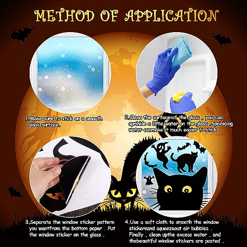 Halloween Window Clings Set - Black Cat, Pumpkin, Bats, Spiders Glow in Dark Decorations