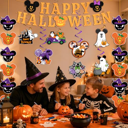 Halloween Decorations Glitter Banner Set with Ghost Pumpkin Witch Hat and Spooky Ornaments