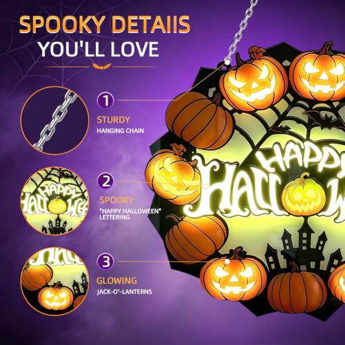Lighted Halloween Wreath Sign - Pumpkin Acrylic Door Decoration, Black & Orange