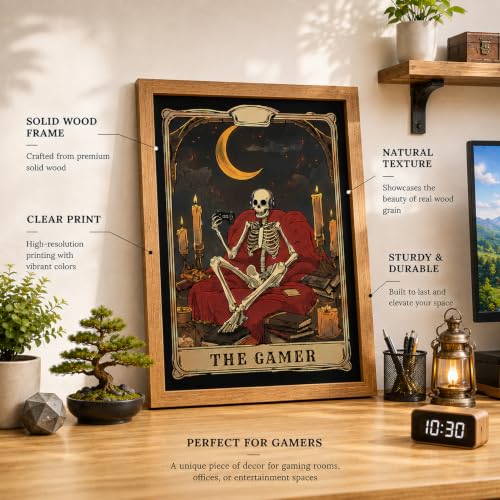Gamer Tarot Wall Art - Framed Skeleton Gaming Decor, 24x16 inches - Gothic Gaming Room Wall Art - Variation: Gamer Tarot / Framed / 24"L x 16"W