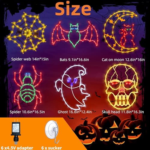 16-Inch Halloween Window Silhouette Lights with Spider Web, Ghost, Bats, Skull, Cat on Moon - 6 Pack