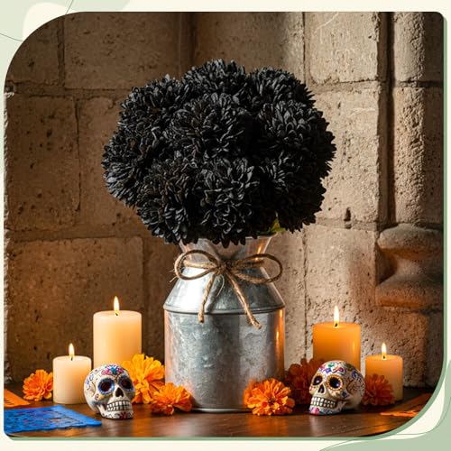 Artificial Marigold Flower Centerpiece Set with Metal Pot - Black - 9 Blooms