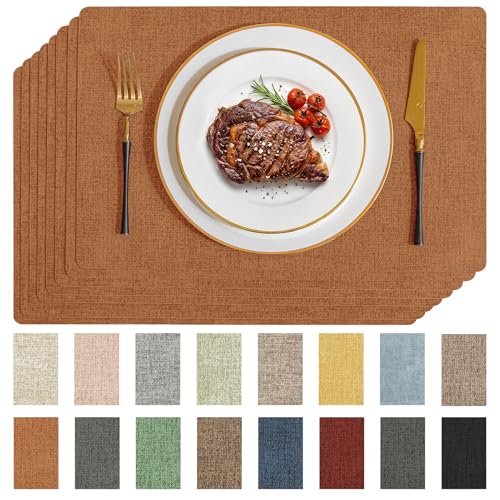 Faux Leather Vinyl Placemats Set of 8 - Orange, Rectangular, Heat-Resistant