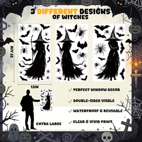 3 Extra Large Halloween Static Window Clings - Black Witch Spider Bat Silhouette Set