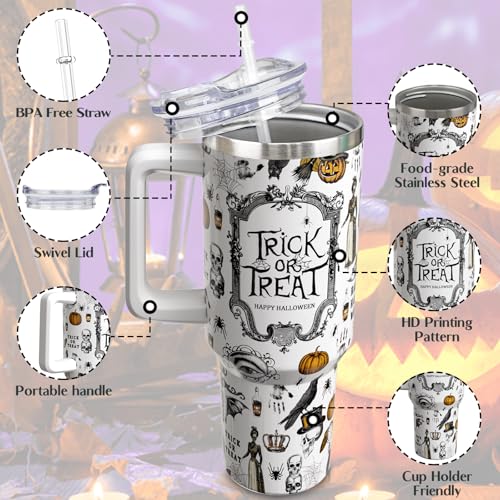 White 40 oz Halloween Tumbler with Handle and Straw - Stainless Steel Insulated Coffee Mug