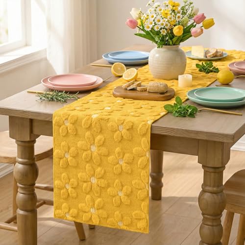 Yellow Soft Plush Faux Fur Jacquard Embroidery Daisy Table Runner 13x60 Inches — Kitchen Dining Decor