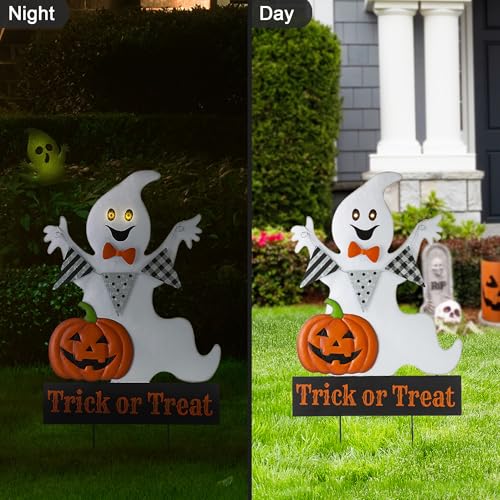 Rustic Lighted Halloween Ghost Yard Stake with Timer & Glowing Eyes - Outdoor Decor