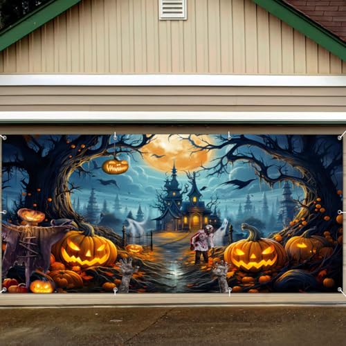 Orange 7x16 FT Halloween Garage Door Banner - Spooky Night Backdrop for Haunted House