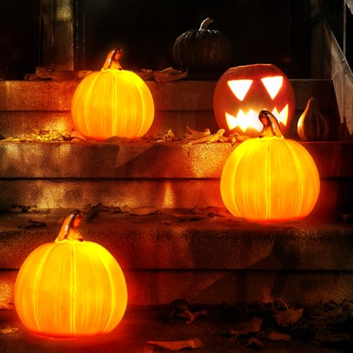 3 Pack Fall Ceramic Light Up Pumpkin Decor - Pumpkin Color, 3.94 x 3.5 Inches