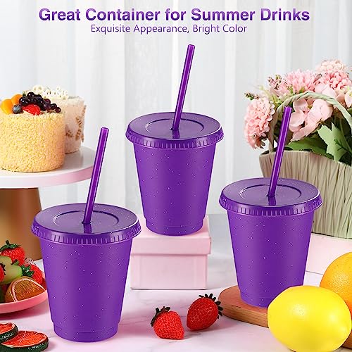 Reusable Plastic Cups with Lids and Straws - 16 oz Purple Glitter Set of 30