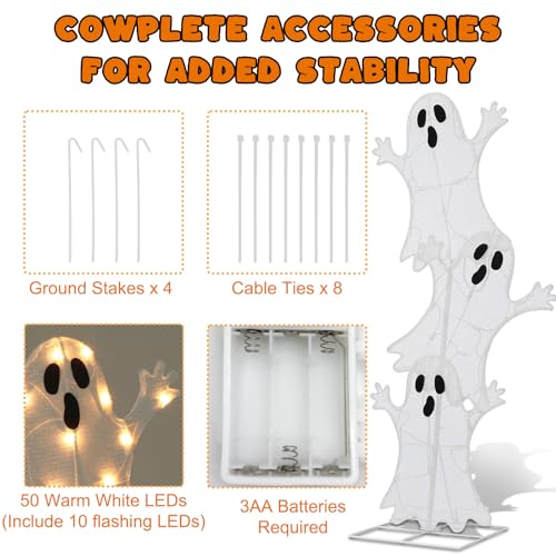 Halloween Lighted Stacked Ghosts Decoration - Pre-Lit with 50 Warm White Lights, Spooky Outdoor Yard & Porch Accent - 42 Inch Tall - Variation: Stacked Ghost